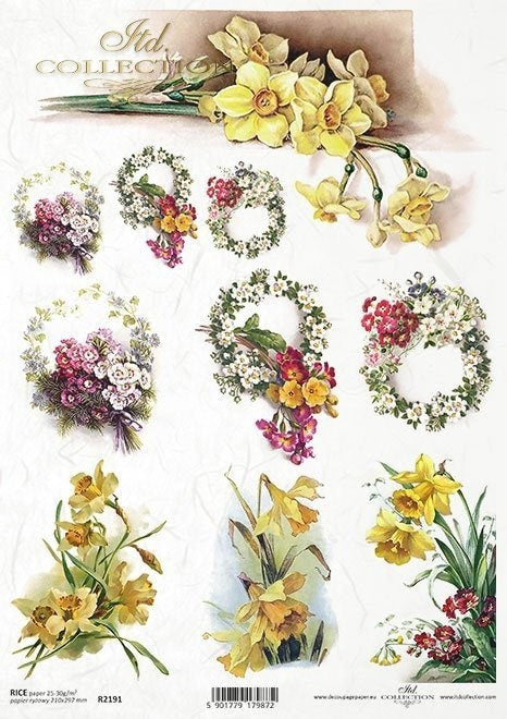 daffodils, spring flowers, primulas ITD Collection decoupage paper | Size Paper A4 - 210x297 mm | 8.27x11.7 in | paper weight 30-35 gsm