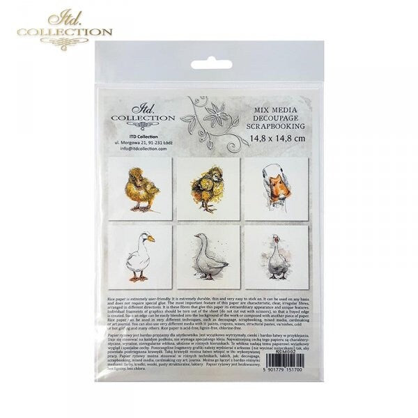 duck, chicken, goose ITD Collection decoupage paper |  6 sheets of rice paper 6" x 6" each 6 different designs in one package