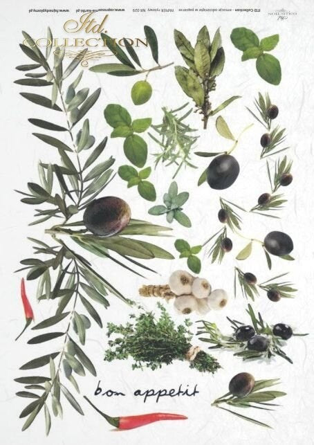 olives and herbs delights in the kitchen ITD Collection decoupage paper | Size A4 - 210x297 mm | 8.27x11.7 in | paper weight 30-35 gsm R0029