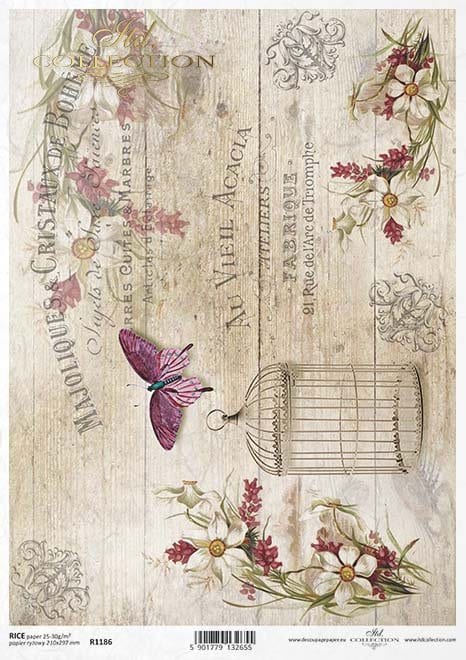Vintage boards butterflies flower ITD Collection decoupage paper | Size A4 - 210x297 mm | 8.27x11.7 in | weight 30-35 gsm