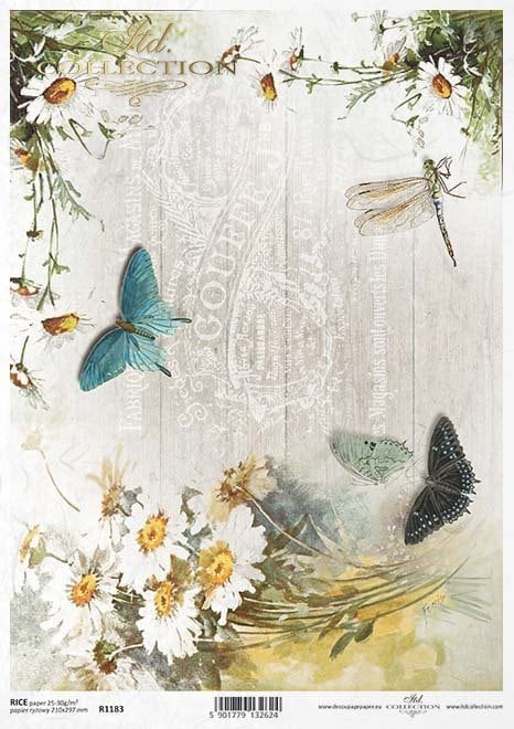 Vintage flowers butterflies ITD Collection decoupage paper | Size A4 - 210x297 mm | 8.27x11.7 in | weight 30-35 gsm