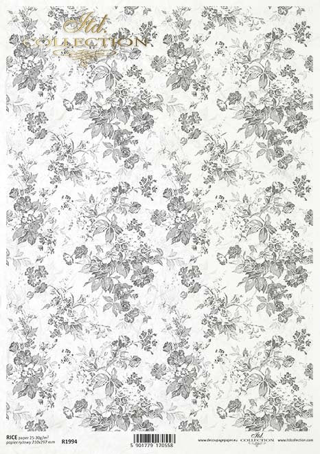wallpaper motif flowers in shades of grey ITD Collection decoupage paper | Size A4 - 210x297 mm | 8.27x11.7 in | weight 30-35 gsm