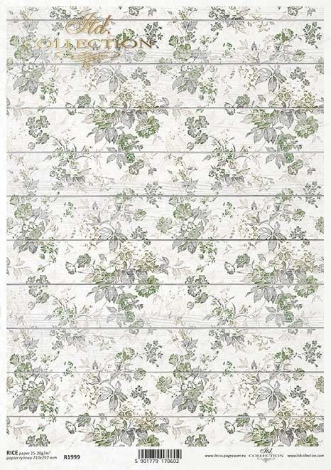 Wallpaper motif flowers in shades of green on boards ITD Collection decoupage paper | Size A4 - 210x297 mm | 8.27x11.7 in | weight 30-35 gsm