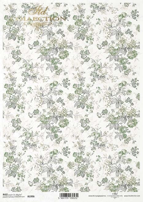 Wallpaper motif flowers in shades of green ITD Collection decoupage paper | Size A4 - 210x297 mm | 8.27x11.7 in | weight 30-35 gsm