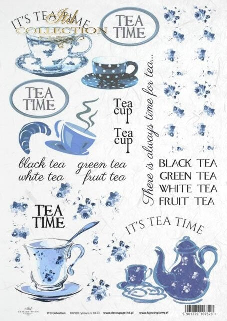 Tea Time Blue ITD Collection decoupage paper | Size A4 - 210x297 mm | 8.27x11.7 in | weight 30-35 gsm