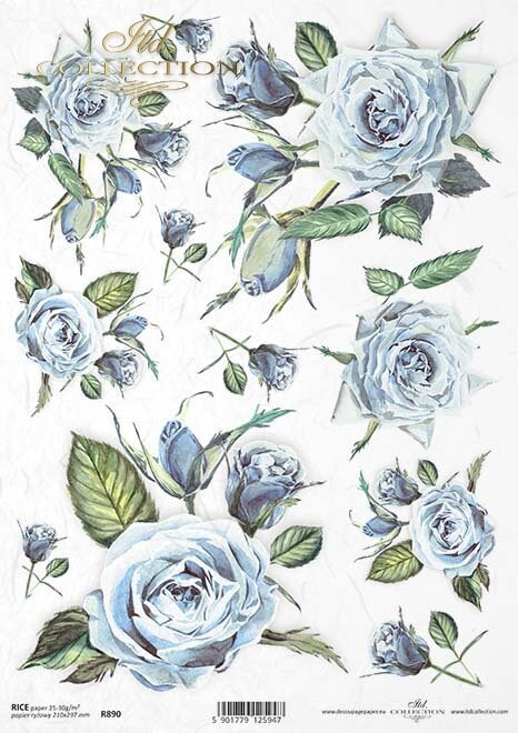 Roses Background Blue ITD Collection decoupage paper | Size A4 - 210x297 mm | 8.27x11.7 in | paper weight 30-35 gsm R0890