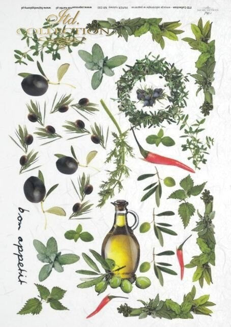 olives and olive oil ITD Collection decoupage paper | Size A4 - 210x297 mm | 8.27x11.7 in | paper weight 30-35 gsm R0030
