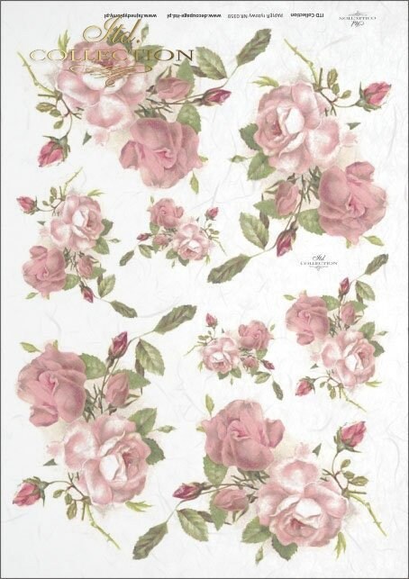 pink roses flowers buds leaves bouquet ITD Collection decoupage paper | Size A4 - 210x297 mm | 8.27x11.7 in | paper weight 30-35 gsm R0359