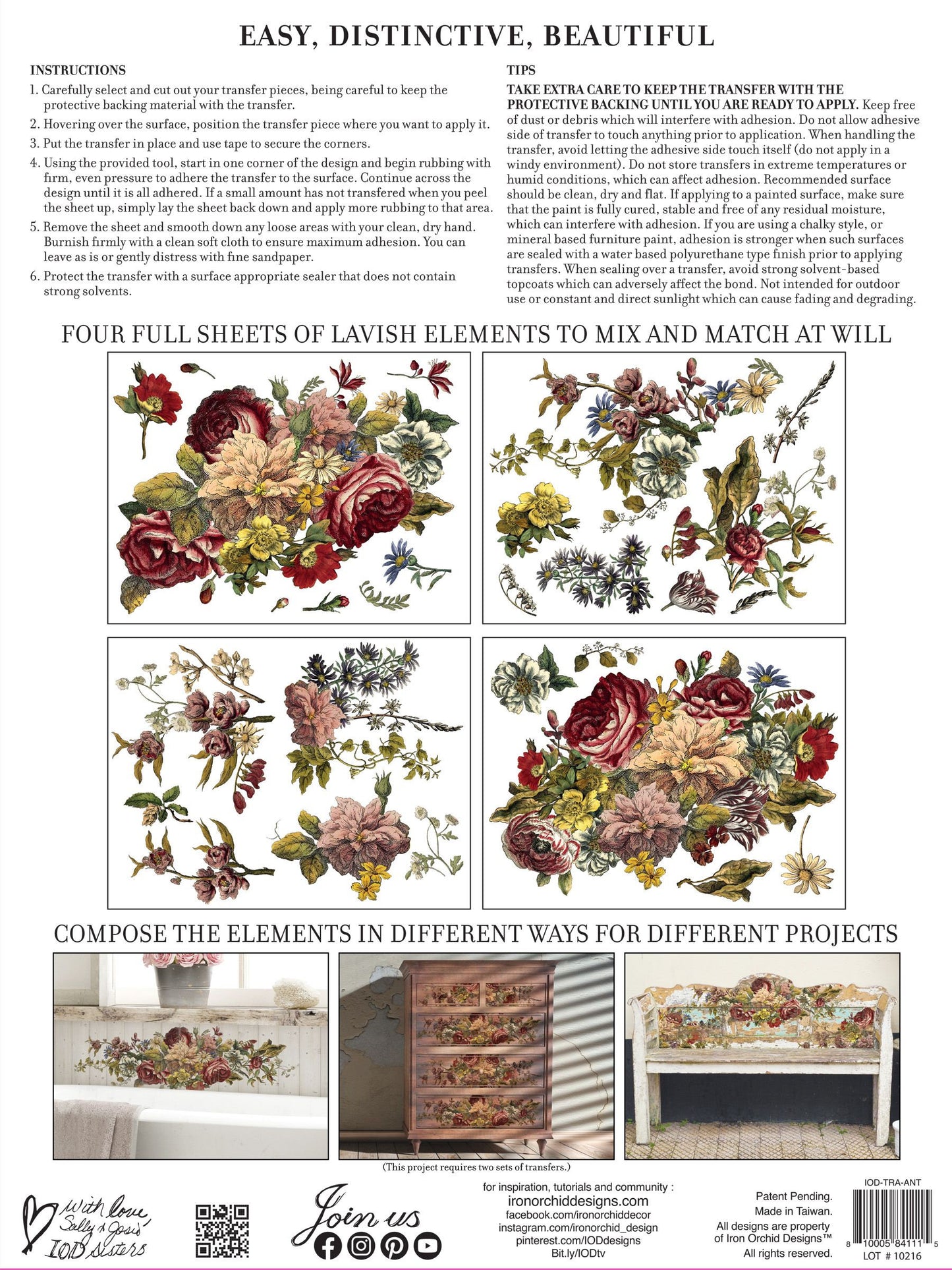 IOD transfer Floral Anthology Transfer pad with (4) 12 X 16 Sheets by Iron Orchid Designs Furniture transfer decal
